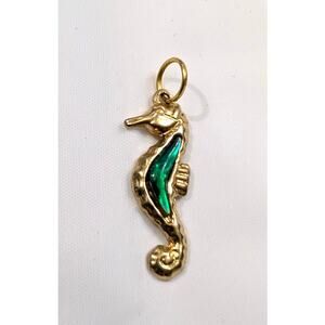 Sea Horse Pendant Charm GoldTone Green 1 Side 1.25" SeaHorse Marine Fish Jewelry